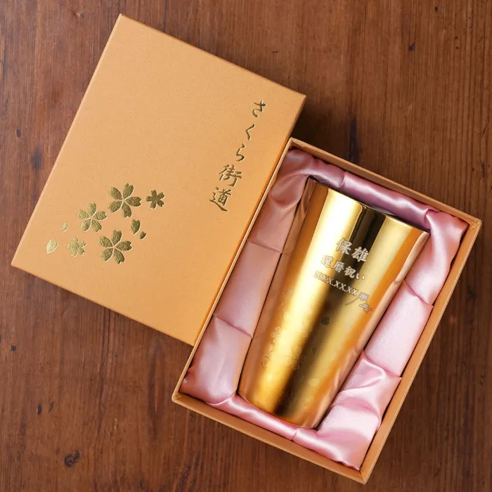 燕製 桜柄2重ステンレス ゴールドタンブラー300ml