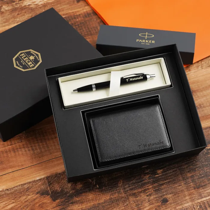 6つ盛りギフトセット　銀付き本革名刺入れ＆PARKER ＩＭCTボールペン