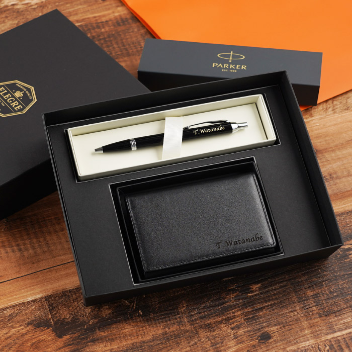 6つ盛りギフトセット　銀付き本革名刺入れ＆PARKER IMCTボールペン